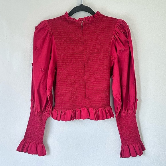 Farm Rio Burgundy Red Smocked Blouse Top Heart Embellished Sleeves- Size XL - Picture 6 of 6